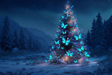Luminous butterflies decorating a christmas tree at night in a snowy landscape, creating a magical atmosphere