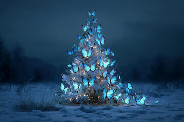 Luminous butterflies decorating a christmas tree at night in a snowy landscape, creating a magical atmosphere