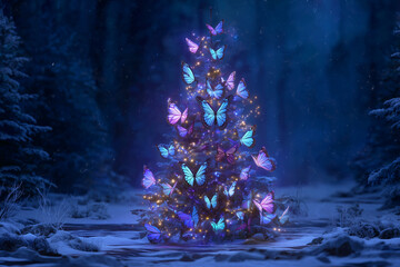 Luminous butterflies decorating a christmas tree at night in a snowy landscape, creating a magical atmosphere