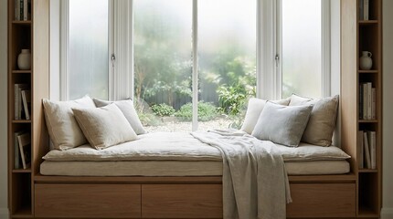 Inviting window seat with soft neutral cushions and a throw, a perfect spot for relaxation. This serene space embodies minimalist japandi interior design