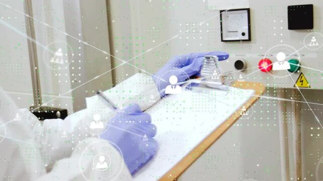 Woman tech noting clipboard, seeing red light, turning knob for lab check, network overlay inactive