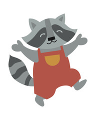 Happy Raccoon Dancing in Red Overalls Vector Illustration. This playful vector illustration features a raccoon with a smiling expression, ideal for children's themes