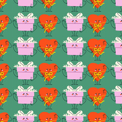 Obraz premium Seamless pattern character gift box, present element with facial expression for Valentines day. Doodle style isolated vector pattern.