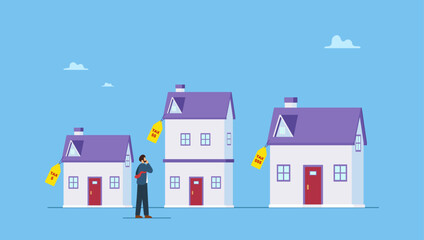 Businessman wisely think to picking different variant houses with price tag. House or mortgage affordability calculation, picking new home base on budget, income or lifestyle.