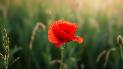 Vibrant Red Poppy in Golden Hour Glow