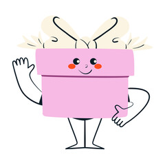 Cute character gift box with ribbon element with facial expression for Valentines day. Doodle style isolated vector illustration.