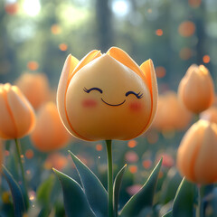  Cheerful yellow tulip flower with a smiling face and rosy cheeks in a vibrant sunlit spring field