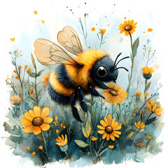  Adorable fluffy bumblebee with dark eyes hovering among yellow blossoms and green foliage in cheerful watercolor meadow