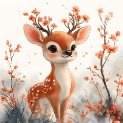  Cute fawn with blossoming antlers standing in a spring watercolor garden scene