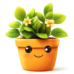  Cute Smiling Plant in Orange Pot with Green Leaves and Yellow Flowers Isolated