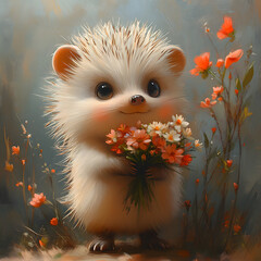  Adorable Hedgehog Character Presenting a Colorful Floral Arrangement with Sweet Expression