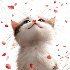  Adorable fluffy domestic kitten looking up with curious blue eyes at soft pink flower petals gently falling in springtime