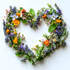  Fresh flower and herb heart shape arrangement on a simple white surface from a top view perspective