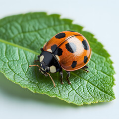  Vibrant orange ladybug insect with glossy black spots delicately perched on a fresh green leaf showcasing natural textures