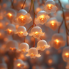 Delicate translucent bell shaped lights glowing softly on thin stems with warm bokeh background