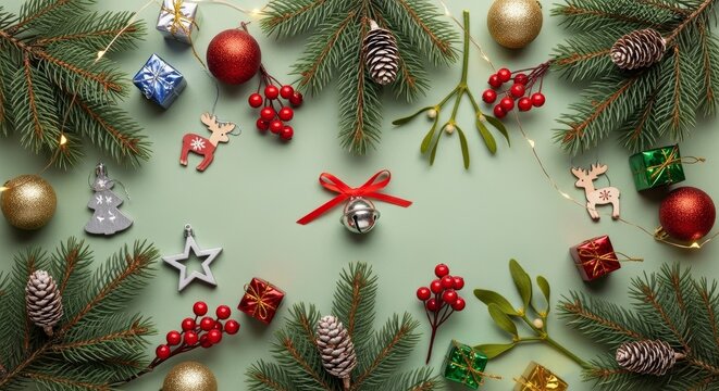 Festive holiday composition with evergreen branches colorful ornaments and holiday decorations on - Powered by Adobe