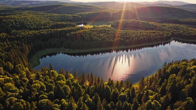 A serene lake reflects the golden rays of the sun as it rises over a dense forest, creating a tranquil scene in the early morning light. Tall trees surround the water, enhancing th