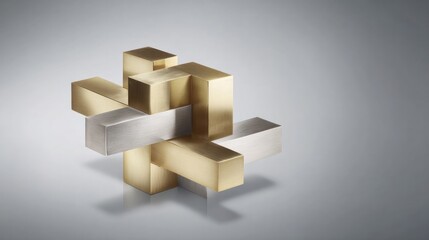 Fototapeta premium A sculptural assemblage of interlocking brass and steel geometric shapes on a grey background. product launch decks, UI/UX mockups, designed for product launches and innovation pitches.