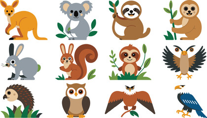 Naklejka premium Cute cartoon wild animals collection featuring various sloths eagles kangaroo koala rabbit and squirrel with simple flat design