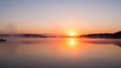 Serene Lake Sunrise, Misty Pastel Sky Reflection