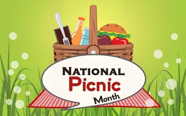 National Picnic Month with Food Basket and Picnic Blanket. High quality
