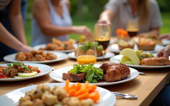 Outdoor gathering food spread summer picnic family friends social event party celebration table feast dining cuisine. High quality - Powered by Adobe
