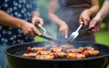 Friends at Barbecue, Close-Up of Hands Holding Utensils, Smoke from Grill, Classic Style. High quality