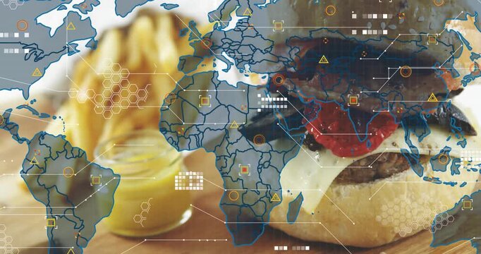World map fading in triggers plated cheeseburger receiving HUD overlay visualizing global data