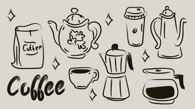Hand drawn chalk breakfast doodle set. Minimalist coffee sticker. Cartoon isolated vector illustration