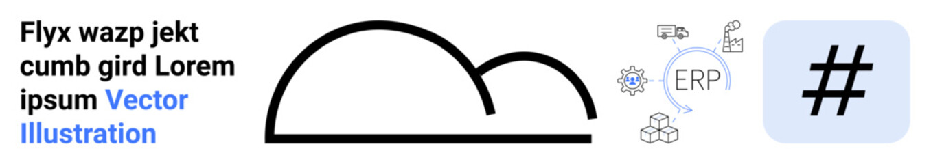 Abstract cloud symbol, metadata tag icon, and ERP integration graphics showcasing technology, digital systems, cloud computing, data, networking, innovation. Ideal for business marketing IT simple