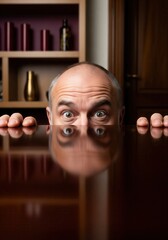 Bald Man Peering Over Glossy Table With Wide Eyes And Reflection
