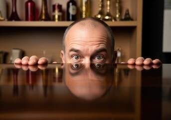 Bald Man Peering Over Glossy Table With Wide Eyes And Reflection