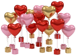 Set of Red Pink Gold Heart Balloons and Gift Boxes Transparent Background