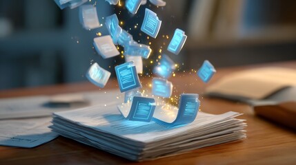 Conceptual image of glowing digital documents falling onto physical papers, symbolizing digital transformation and the shift to a paperless office.