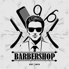 Vintage Barbershop Emblem Featuring Stylish Man and Classic Grooming Tools. Vector illustration