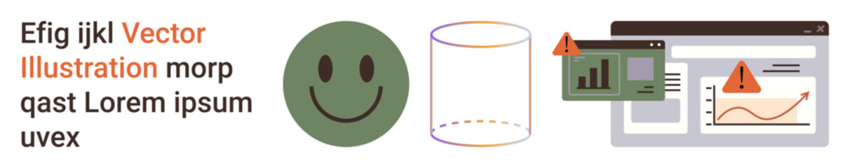 Data visualization, error alerts, web analytics, communication, trend analysis, visual . Green happy, cylinder warning icons digital charts. Data visualization and error alerts concepts