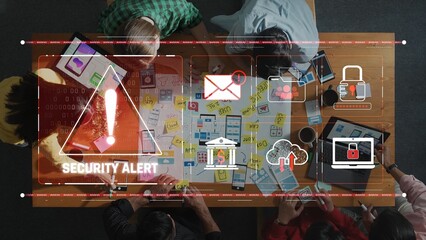 A diverse team collaborates on analyzing a security alert using digital devices and charts, showcasing strategic communication and teamwork in a vibrant office environment. Raster