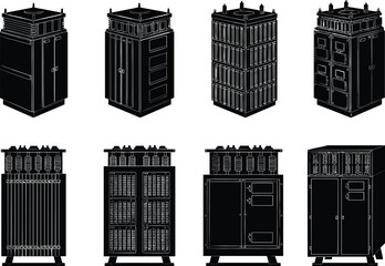 Transformer cabinet icon set, electrical infrastructure, power distribution units, coil housing, engineering components, flat vector