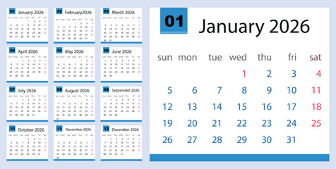 Printable 2026 calendar with all months overview 12 months