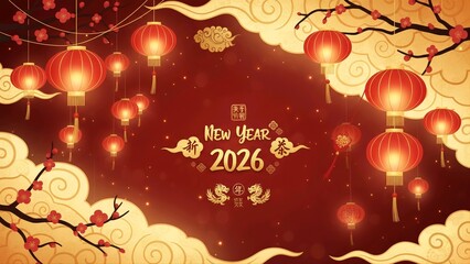 Naklejka premium Chinese New Year 2026 Greeting Card with Red Lanterns and Golden Clouds