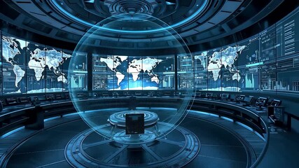 High tech command center with panoramic screens and holographic globe displaying global data monitoring and coordinated operations control - Powered by Adobe