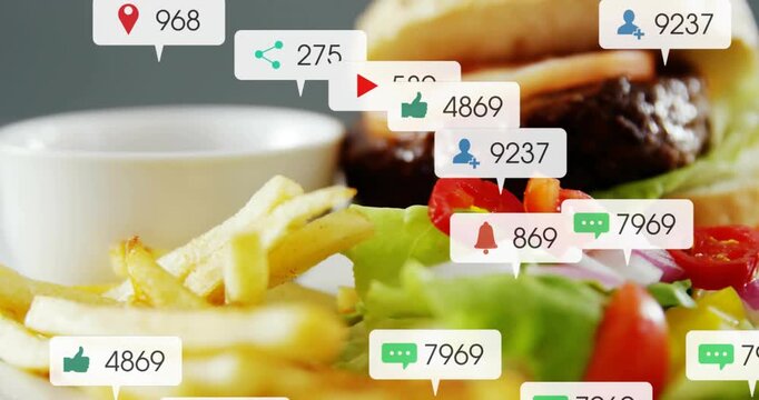 Incoming bubbles popping or sliding stacking then reflowing over burger and fries showing engagement