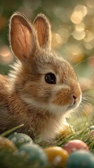 brown rabbit on fresh green grass surrounded by colorful Easter eggs