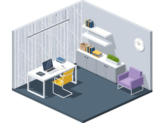 This modern isometric office features a white desk with a yellow chair, a purple armchair, and sleek grey cabinetry, all highlighted by a distinctive feature wall with a white tree branch pattern