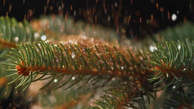Close-up of Pine Tree Needles with Falling Glitter and Snowflakes.