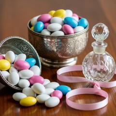 Colorful jordan almonds spill from ornate bowl beside perfume bottle