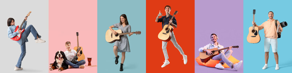 Set of different people with guitars on color background