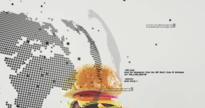 Plated burger and fries entering center triggered by globe shifting left, showcasing product