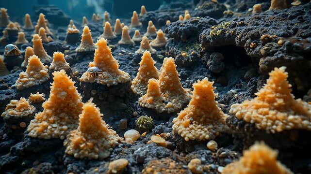 Underwater wonderland: Exploring a vibrant colony of tunicates on a rocky seabed footage
