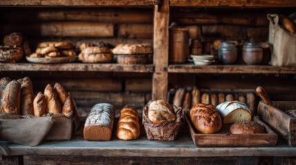 Freshly baked pastry and bread on wooden shelf in a rustic bakery store.
